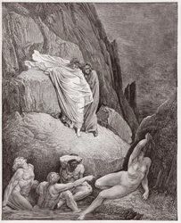 Boska komedia (La Divina Commedia, La Divine Comédie), Piekło, Pieśń 18: Wergiliusz pokazuje Dantemu cień Taidy - Dante Alighieri (1265-1321) - Ilustracja Gustave