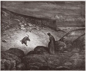 Boska Komedia (La Divina Commedia, La Divine Comedie), Inferno, Canto 1: Pantera na początku wznoszenia - Dante Alighieri (1265-1321) - Ilustracja Gustave Dore (1832-1883)
