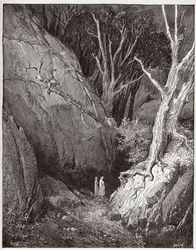 Boska Komedia (La Divina Commedia, La Divine Comedie), Inferno, Canto 1: Wergiliusz i Dante rozpoczynają swoją podróż - Dante Alighieri (1265-1321) - Ilustracja Gustave Dore (1832-1883)