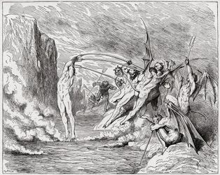 Boska Komedia (La Divina Commedia, La Divine Comedie), Inferno, Canto 21: Diabły dręczą barratorów - Dante Alighieri (1265-1321) - Ilustracja Gustave Dore (1832-1883)