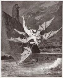 Boska komedia, Piekło, Pieśń 22: Alichino i Calcabrina zmagają się nad smołą - Dante Alighieri (1265-1321) - ilustracja Gustave