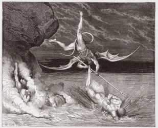 Boska Komedia, Piekło, pieśń 22: Ciampolo ucieka przed demonem Alichino w piątej czeluści - Dante Alighieri (1265-1321) - Ilustracja Gustave