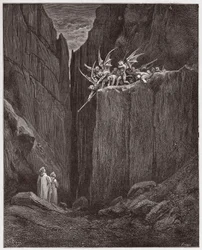 Boska Komedia (La Divina Commedia, La Divine Comedie), Inferno, Canto 23: Poeci uciekają przed demonami piątej bolgii - Dante Alighieri (1265-1321) - Ilustracja Gustave Dore (1832-1883)