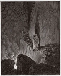 Boska Komedia, Piekło, Pieśń 26: Płomienne duchy Odyseusza i Diomedesa - autorstwa Dantego Alighieri (1265-1321) - Ilustracja Gustave