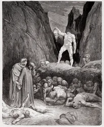 Boska komedia (La Divina Commedia, La Divine Comédie), Piekło, pieśń 28: Odcięta głowa Bertranda de Borna przemawia do Dantego - Dante Alighieri (1265-1321) - Ilustracja Gustave