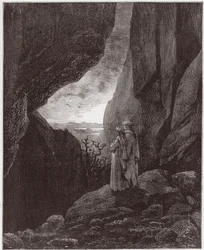 Boska komedia (La Divina Commedia, La Divine Comédie), Piekło, Pieśń 34: Wergiliusz i Dante wstępują do górnego świata - Dante Alighieri (1265-1321) - ilustracja Gustave