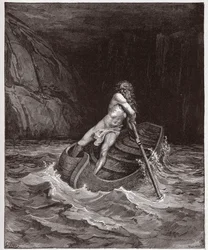 Boska komedia (La Divina Commedia, La Divine Comédie), Piekło, pieśń 3: Charon (Caron) na rzece Acheron - Dante Alighieri (1265-1321) - ilustracja Gustave
