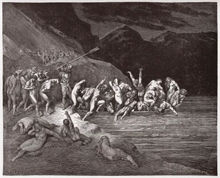 Boska komedia, Piekło, Pieśń 3: Potępione dusze wsiadają na łódź, aby przeprawić się przez Acheront - Dante Alighieri (1265-1321) - Ilustracja Gustave