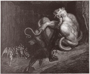 Boska Komedia (La Divina Commedia, La Divine Comedie), Inferno, Canto 5: Minos osądza występki i usuwa dusze - Dante Alighieri (1265-1321) - Ilustracja Gustave Dore (1832-1883)