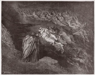 Boska Komedia (La Divina Commedia, La Divine Comedie), Inferno, Canto 5: Dusza Franceski przemawia do Dantego - Dante Alighieri (1265-1321) - Ilustracja Gustave Dore (1832-1883)