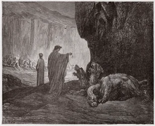 Boska komedia, Piekło, Pieśń 6: Wergiliusz karmi Cerbera w trzecim kręgu - Dante Alighieri (1265-1321) - Ilustracja Gustave