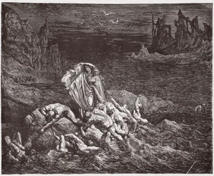 Boska komedia, Piekło, Pieśń 7: Wergiliusz ukazuje Dantemu dusze gniewnych w Styksie - Dante Alighieri (1265-1321) - Ilustracja Gustave