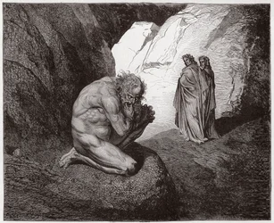 Boska komedia, Piekło, Pieśń 7: Wergiliusz upomina Plutosa przy wejściu do czwartego kręgu - Dante Alighieri (1265-1321) - ilustracja Gustave
