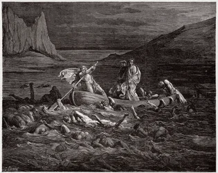 Boska komedia, Piekło, Pieśń 8: Flegiasz przewozi Dantego i Wergiliusza przez Styks - Dante Alighieri (1265-1321) - Ilustracja Gustave