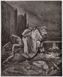 Boska Komedia (La Divina Commedia, La Divine Comedie), Inferno, Canto 8: Dusza florenckiego Philippo Argentiego zaczepia poetów na Styksie - Dante Alighieri (1265-1321) - Ilustracja Gustave Dore (1832-1883)