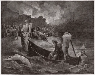 Boska komedia, Piekło, Pieśń VIII: Wergiliusz i Dante wysiadają przy cytadeli Dis - Dante Alighieri (1265-1321) - Ilustracja Gustave