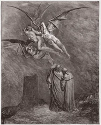 Boska komedia (La Divina Commedia, La Divine Comédie), Piekło, pieśń 9: Ohydne Erynie: Megaera, Tysyfone, Alekto - Dante Alighieri (1265-1321) - Ilustracja Gustave