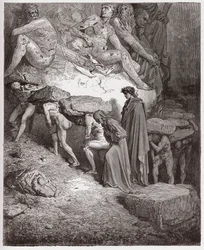 Boska komedia, Czyściec, Pieśń 11: Dusze pyszałków dźwigające ciężkie kamienie - Dante Alighieri (1265-1321) - Ilustracja Gustave