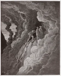 Boska Komedia (La Divina Commedia, La Divine Comedie), Purgatorio, Canto 16: Marco Lombardo podąża za poetami przez dym - Dante Alighieri (1265-1321) - Ilustracja Gustave Dore (1832-1883)