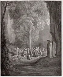 Boska Komedia (La Divina Commedia, La Divine Comedie), Purgatorio, Canto 24: Żarłoczne dusze wołające pod drzewem - Dante Alighieri (1265-1321) - Ilustracja Gustave Dore (1832-1883)