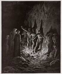 Boska komedia, Purgatorio, Pieśń 25: Lubieżni przechodzą przez ogień w siódmym kręgu - Dante Alighieri (1265-1321) - Ilustracja Gustave