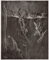 Boska komedia, Purgatorio, Pieśń 25: Wergiliusz i Dante wstępują przez płomienie do siódmego kręgu - Dante Alighieri (1265-1321) - Ilustracja Gustave