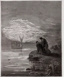 Boska Komedia (La Divina Commedia, La Divine Comedie), Purgatorio, Canto 2: Dante kłania się przed aniołem pilotem - autorstwa Dante Alighieri (1265-1321) - Ilustracja Gustave Dore (1832-1883)