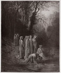 Boska komedia, Purgatorio, Pieśń 33: Dante pije z rzeki Eunoë - autorstwa Dantego Alighieri (1265-1321) - ilustracja Gustave
