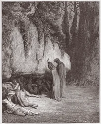 Boska Komedia (La Divina Commedia, La Divine Comedie), Purgatorio, Canto 4: Opieszałe dusze przy skale - Dante Alighieri (1265-1321) - Ilustracja Gustave Dore (1832-1883)