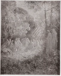 Boska Komedia (La Divina Commedia, La Divine Comedie), Purgatorio, Canto 7: Duchy śpiewające Salve Regina w dolinie - Dante Alighieri (1265-1321) - Ilustracja Gustave Dore (1832-1883)