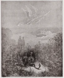 Boska Komedia (La Divina Commedia, La Divine Comedie), Purgatorio, Canto 8: Aniołowie odpędzają węża - Dante Alighieri (1265-1321) - Ilustracja Gustave Dore (1832-1883)