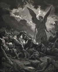 Biblia Święta. 1866. Sennacheryb (705-681 p.n.e.). Król Asyrii (705-681 p.n.e.). Anioł Jahwe z armii Sennacheryba. Rycina
