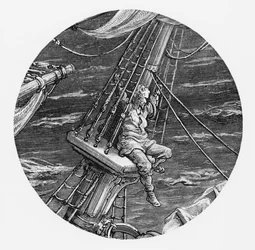 Marynarz w rufie statku, scena z „Szronu starożytnego marynarza” S.T. Coleridge, wyd. Harper und Brothers, Nowy Jork, 1876 (drewno)