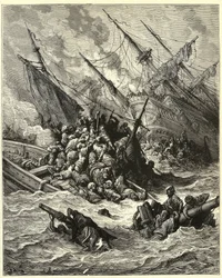 "Bitwa morska pod Lepanto", w której siły hiszpańskie, weneckie i papieskie zmierzyły się z siłami osmańskimi w 1571 r. u wybrzeży Grecji. Rycina autorstwa Gustave