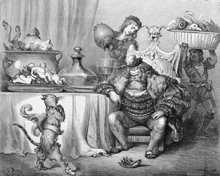 Ogr przyjmuje kota, ilustracja do „Kota w butach” Charlesa Perraulta (1628-1703), 1883
