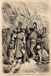 Przybycie pracowitości do hotelu w Santa Cruz de modela (prowincja Mancha), zaatakowanego przez żebraków wołających o jałmużnę. Rysunek Gustave Dore (1832-1883). Grawerowanie ilustrujące podróż w Hiszpanii, w 1862 r. autorstwa Charlesa Davilliera i Gustave