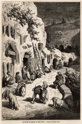 Jaskinie (podziemne domy) Cyganów w Sacro Monte w Granadzie. Rysunek Gustave