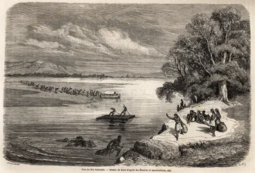Przeprawa przez rzekę Kolorado tratwą w towarzystwie kilku Indian Mohaves, rysowanych przez Gustave Dore (1832-1883), dla zilustrowania rejsu Missisipi na Ocean Spokojny w latach 1853-54 przez Baudouina Mollhausena (1825-1905). Grawerowanie w „” Le tour du