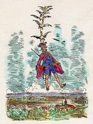 Kaczki unoszą w powietrze barona Munchhausena (Munchausena). Ilustracja Gustave