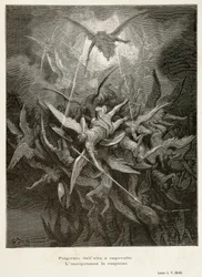 Upadek aniołów, scena z Raju utraconego Johna Miltona (1608-1674), ilustracja Gustave