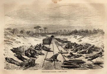 Godzina odpoczynku w Argamasilla, liczni kolejarze leżący na torach, odpoczywają w pełnym słońcu. Grawer ilustrujący podróż do Hiszpanii autorstwa Gustave Dore (1832-1883) ilustratora i barona Ch. Reaktor Davillier, w 1862 r., opublikowany w „Le tour du mo