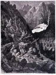 Starzec trzymający torebkę i laskę spacerujący po nieprzyjaznym krajobrazie jest zwieńczony przez anioła machającego ogniem, Tablica VII - Ilustracja Gustave Dore (1832-1883), dla La legende du Jew Wandering Pierre Dupont, Edition Librairie du magasin p