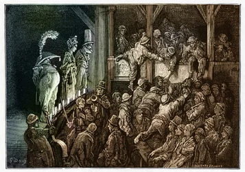 Teatr: publiczność podczas przedstawienia teatralnego. Kolorowa rycina z "Londyn, pielgrzymka" ilustrowana przez Gustave