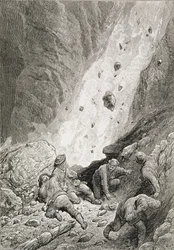 „Oni widzieli masy skał, głazów i kamieni, strzałka za rogiem”, z „Wstąpienia na Matterhorn” Edwarda Whympera (1840-1911), opublikowanej w latach 60.-80.