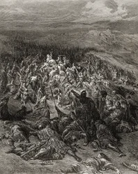Dwieście rycerzy atakuje dwadzieścia tysięcy Saracenów, ilustracja z „Bibliotheque des Croisades” J-F. Michaud, 1877 r.
