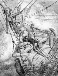 Duch Bieguna Południowego nadal domaga się zemsty za zabicie albatrosa, a marynarz zostaje powalony i mdleje, scena z „The Rime of the Ancient Mariner” S. T. Coleridge