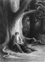 Czarodziej Merlin i wróżka Vivien w lesie Brocéliande. Według poematu „Vivien” Alfreda Tennysona (wydanego przez wydawnictwo Hachette, Paryż, 1868)