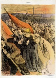 Zakrzywiony tłum z czerwonymi flagami, „”La Grève”” Flaschoën, deb. XX w.