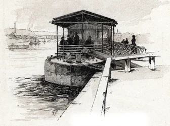 Embarcadere des Bateaux-mouches (Bateaux-mouches) sur la Seine, Paryż (Widok na przystań łodzi turystycznych na Sekwanie, Paryż) Rysunek Gustave