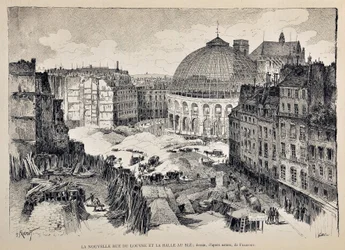 Nowa Rue du Louvre i Halle au Ble w Paryżu w 1887 r. ilustracja Gustave Fraipont (1849 - 1923). Rycina z 1887 r. w tygodniku „Paryż-Prześwietny””.